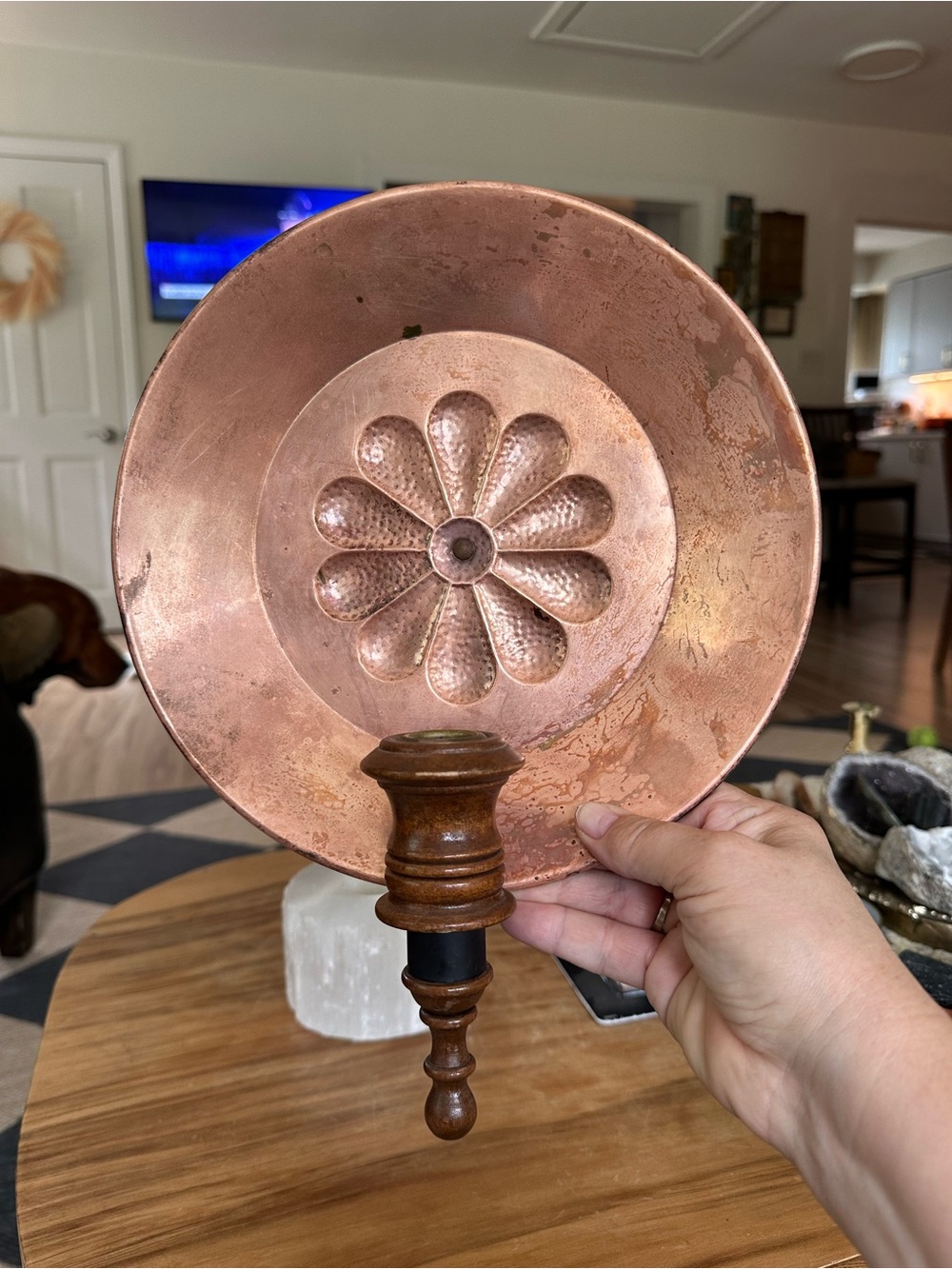 Copper wall Sconce vintage Wooden Accent  13” Tall x 10” Wide